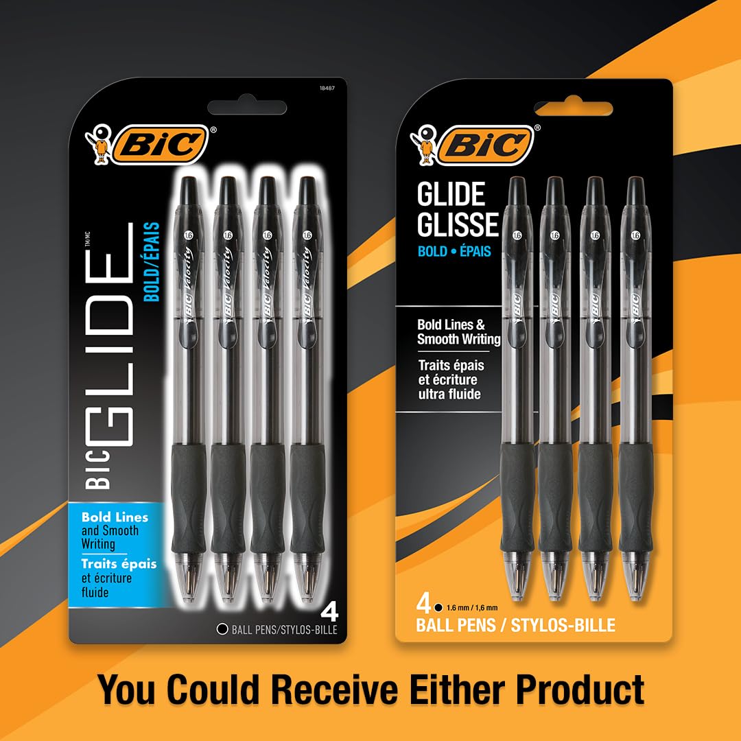 BIC Glide Bold Black Ballpoint Pens, Bold Point (1.6mm), 4-Count Pack, Retractable Ballpoint Pens With Comfortable Full Grip