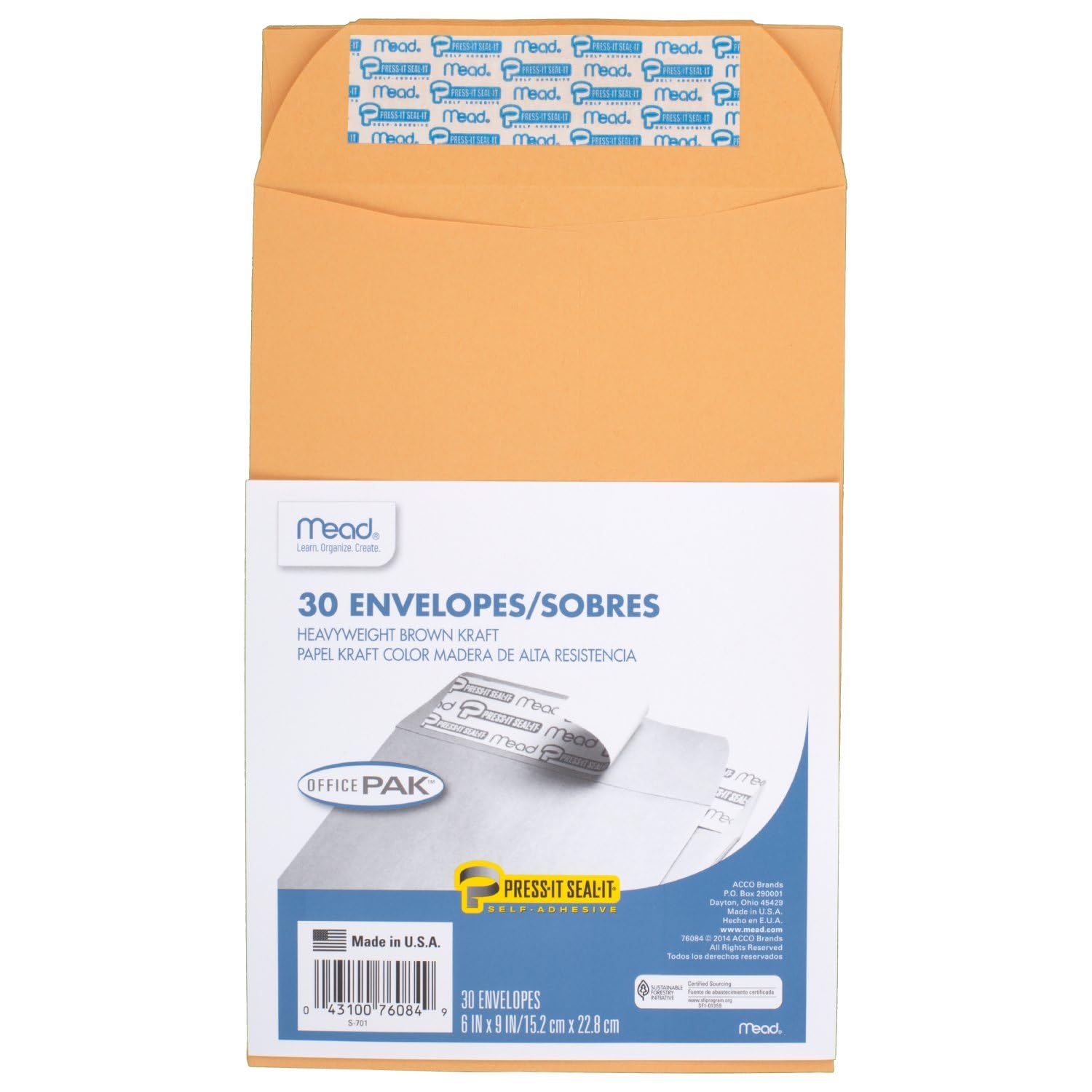Mead Envelopes, Letter Size, 6" x 9", Press-It Seal-It Self Adhesive Closure, Brown Kraft All-Purpose 24-lb Paper Mailing Envelopes, 30 Count (76084)
