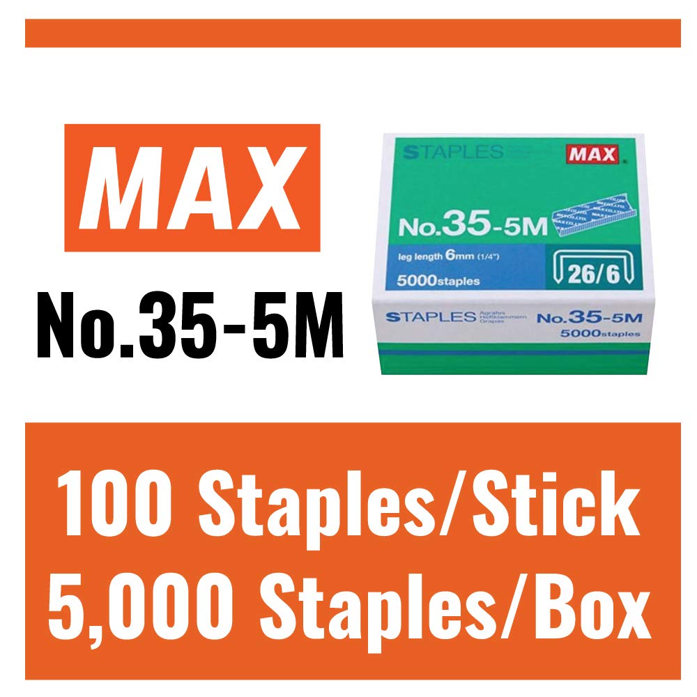 Max 35-5M Standard Staples for USA; Leg Length 6mm (1/4"); 100 Staples per Stick, for Use with Max HD-50, HD-50R, HD-50F and other Standard Staplers, 0.25" Leg Length, 0.5" Crown Width, 5000 Count