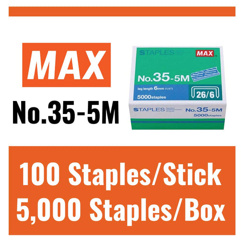 Max 35-5M Standard Staples for USA; Leg Length 6mm (1/4"); 100 Staples per Stick, for Use with Max HD-50, HD-50R, HD-50F and other Standard Staplers, 0.25" Leg Length, 0.5" Crown Width, 5000 Count