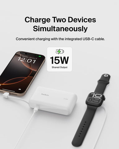 Belkin Portable Charger Power Bank USB C, 10000 mAh w/Integrated Cable, 20W Fast Charge USB-C Power Delivery, iPhone Charger, Apple iPhone 17, Air, Pro, Pro Max, iPad, Samsung Galaxy S25 - White