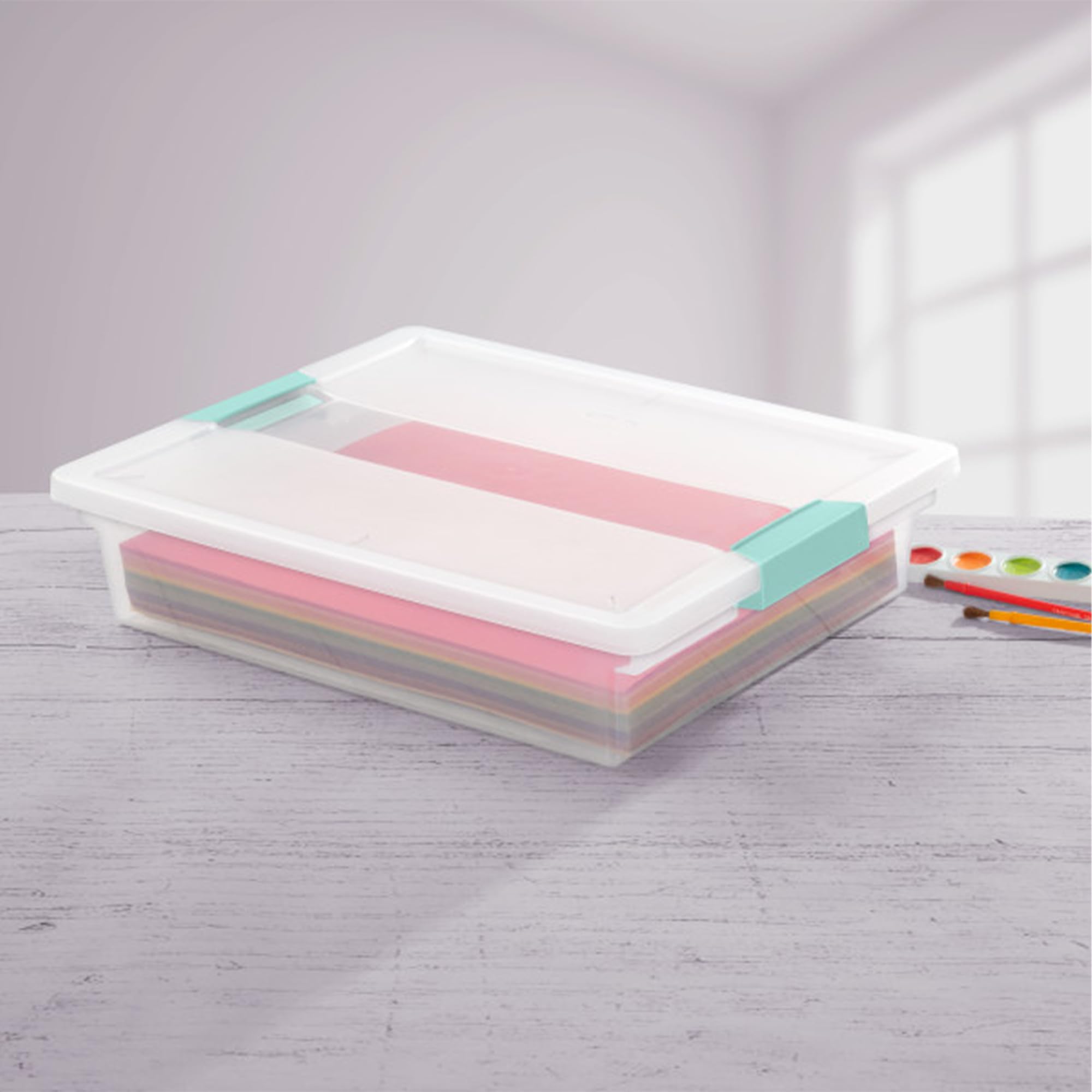 Sterilite Clip Box, Stackable Small Storage Bin with Latching Lid, Plastic Container to Organize Office, Crafts, Clear Base and Lid, Large, 1-Pack