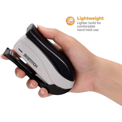 Bostitch Office inSHAPE Compact Stapler, 15 Sheet Capacity, One Finger, No Effort, Spring Powered, Black/Gray