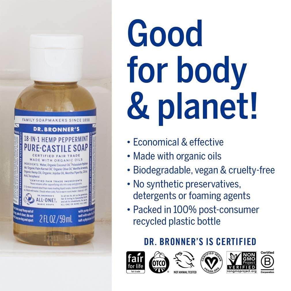 Dr. Bronner's Liquid Organic Castile Soap Peppermint 2oz All-Purpose (6-Pack)