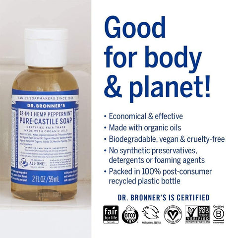 Dr. Bronner's Liquid Organic Castile Soap Peppermint 2oz All-Purpose (6-Pack)