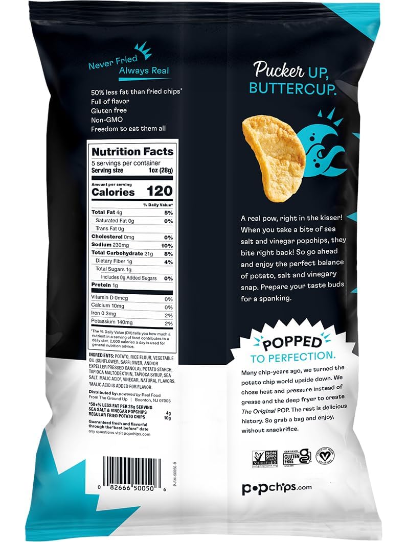 Popchips Potato Chips, Sea Salt & Vinegar, 5.0 oz. Share Bags, Low-Calorie, Gluten Free, Salty Snacks for Adults and Children, Non-GMO, Vegan & Kosher Friendly, 130 Calories Per Serving