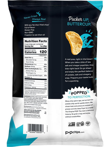 Popchips Potato Chips, Sea Salt & Vinegar, 5.0 oz. Share Bags, Low-Calorie, Gluten Free, Salty Snacks for Adults and Children, Non-GMO, Vegan & Kosher Friendly, 130 Calories Per Serving