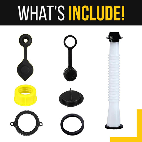 KP KOOL PRODUCTS Universal Gas Can Spout Replacement, Gas Can Nozzle with Gasket, Stopper, Collar Caps (Black and Yellow) & gas can vent caps, Pack of 3