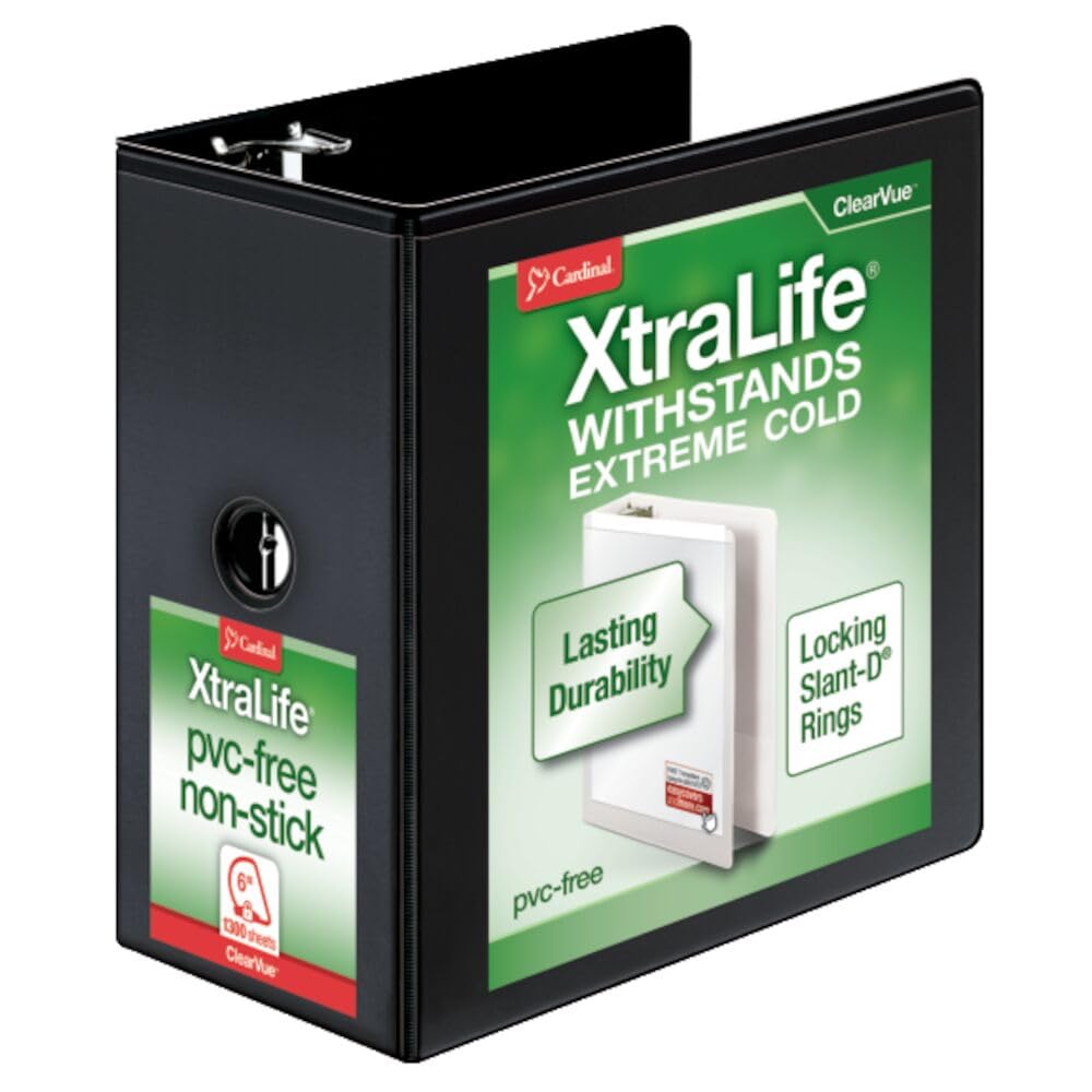 Cardinal 3 Ring Binder, 6 Inch Heavy Duty XtraLife Binder, Locking Slant-D Rings, Crack-Resistant Cover & Spine, ClearVue Covers with Shelf Pull, Holds 1,300 Sheets, Black (26361)