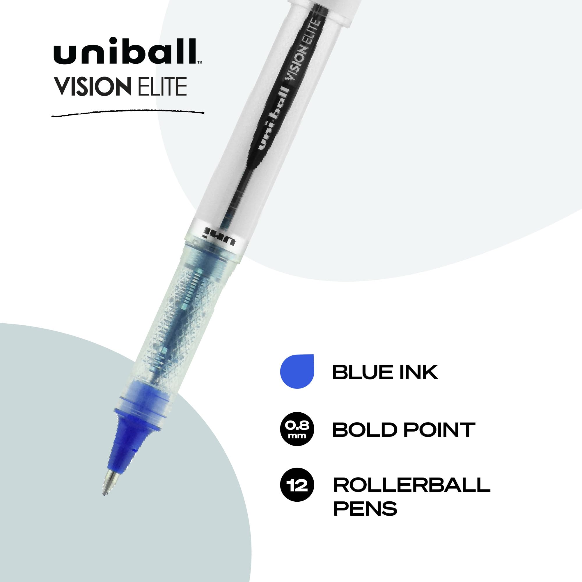 uniball Vision Elite Rollerball Pens, Bold Point (0.8mm), Blue, 12 Pack