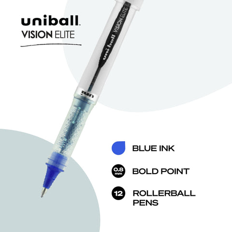 uniball Vision Elite Rollerball Pens, Bold Point (0.8mm), Blue, 12 Pack