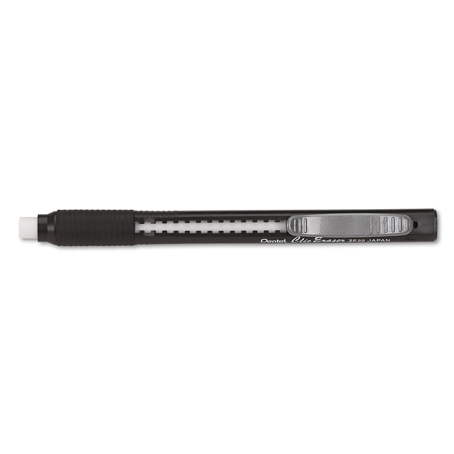 Pentel Clic Eraser, Retractable, Pocket Clip, Rubber Grip, Black Barrel (PENZE22A)
