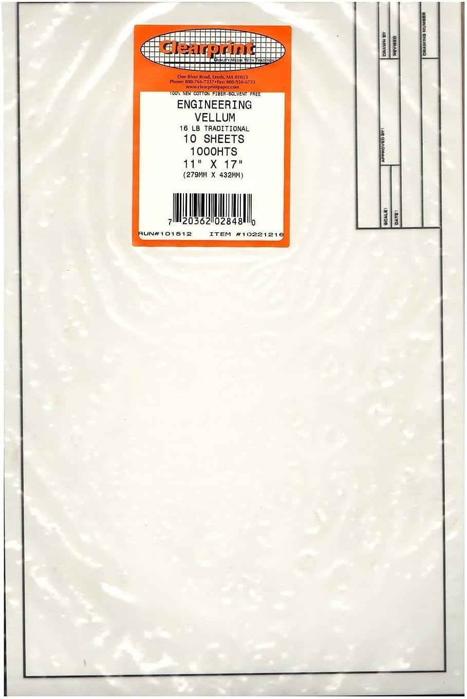 Clearprint 11" x 17" 1000H Design Vellum Sheets with Engineer Title Block, 16 lb., 100% Cotton, 10 Sheets Per Pack, 1 Each