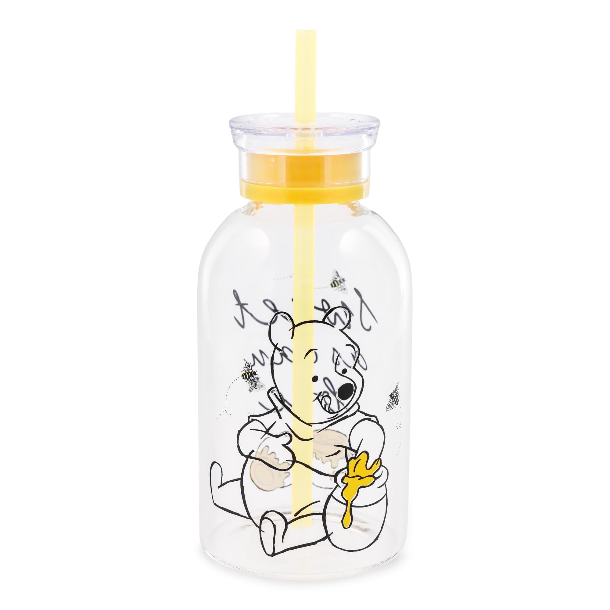 Silver Buffalo Disney Winnie the Pooh Hunny Sweet As Can Bee Glass Milk Bottle with Straw, 15 Ounces