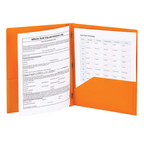 Smead Poly Two-Pocket Folder, Three-Hole Punch Prong Fasteners, Letter Size, Orange, 3 per Pack (87735)