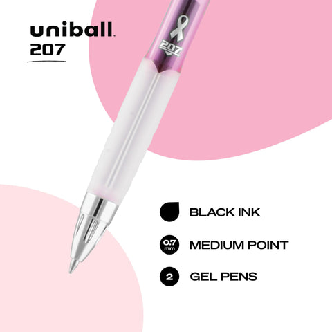 uniball 207 Pink Ribbon Retractable Gel Pens, Medium Point (0.7mm), Black, 2 Pack
