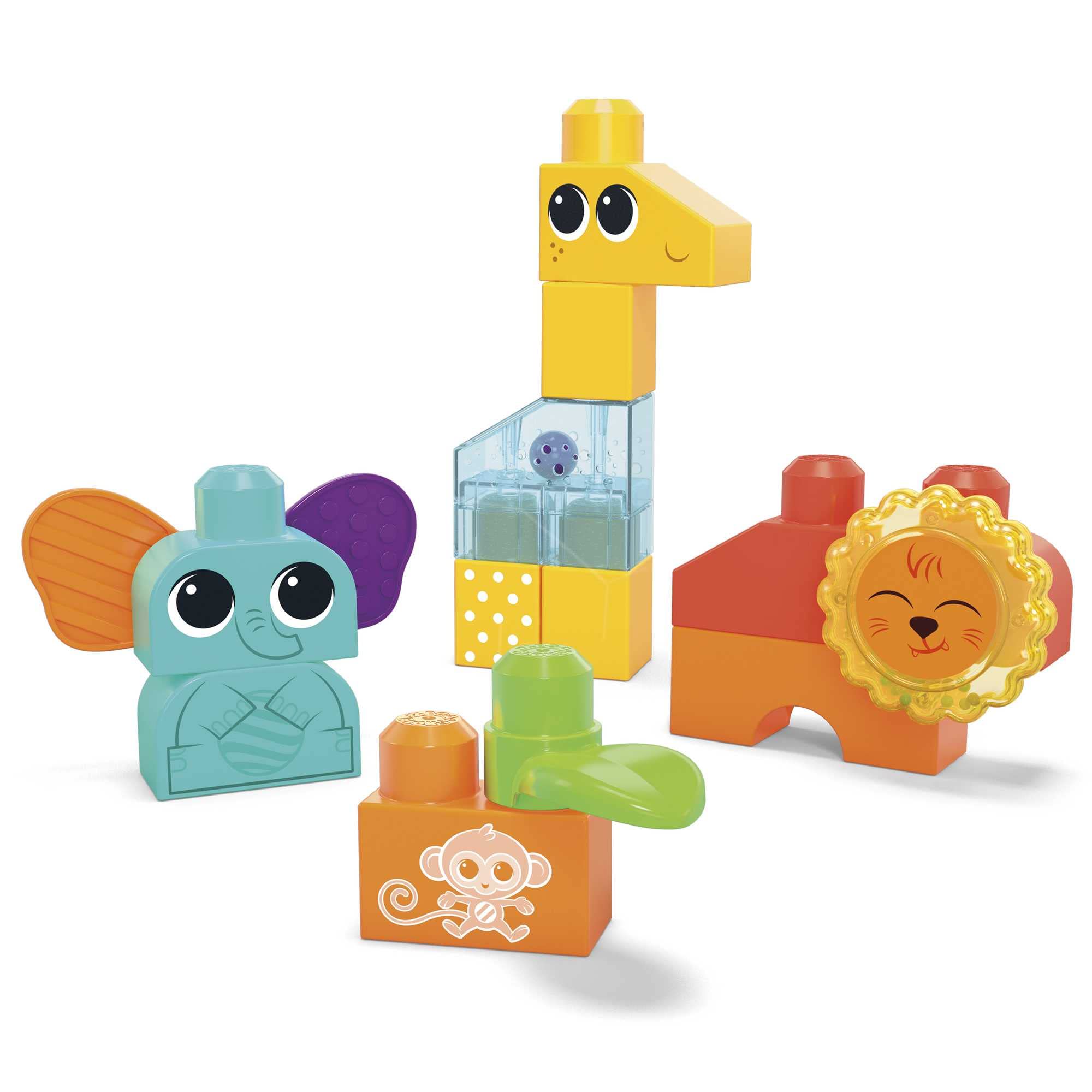 MEGA BLOKS Fisher-Price Toddler Building Blocks Toy Set, Rock ‘n Rattle Safari with 15 Pieces, 3 Buildable Animals, Ages 1+ Years