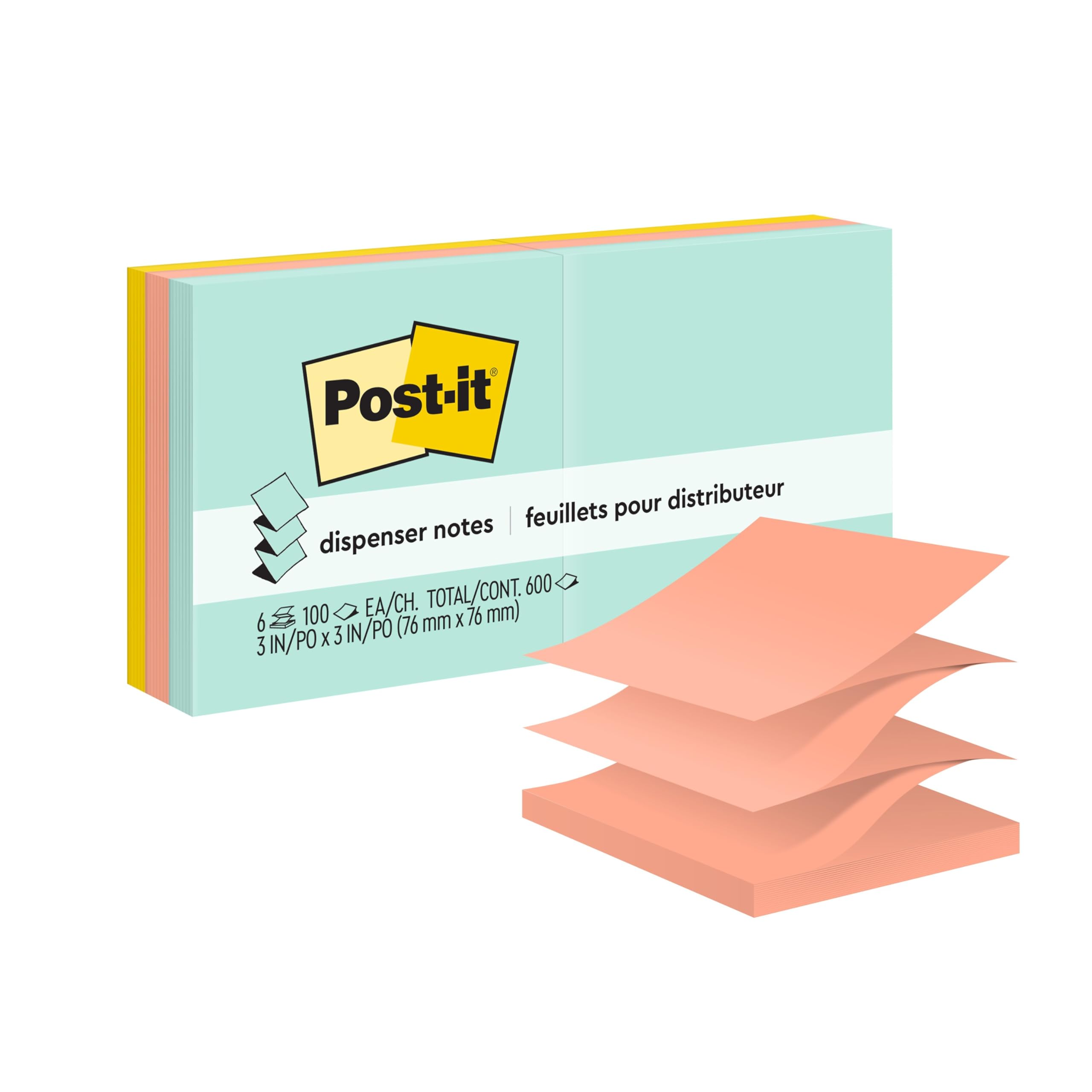 Post-it Pop-up Notes, 6 Sticky Note Pads, 3 x 3 in., School Supplies, Office Products, Accordion Sticky Notes Work with Pop-Up Note Dispenser, Beachside Café Collection