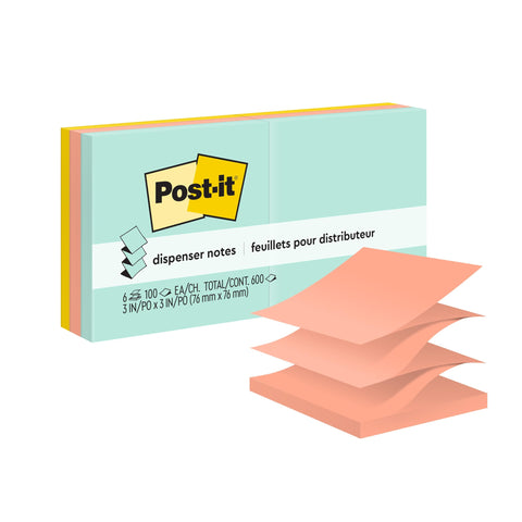 Post-it Pop-up Notes, 6 Sticky Note Pads, 3 x 3 in., School Supplies, Office Products, Accordion Sticky Notes Work with Pop-Up Note Dispenser, Beachside Café Collection