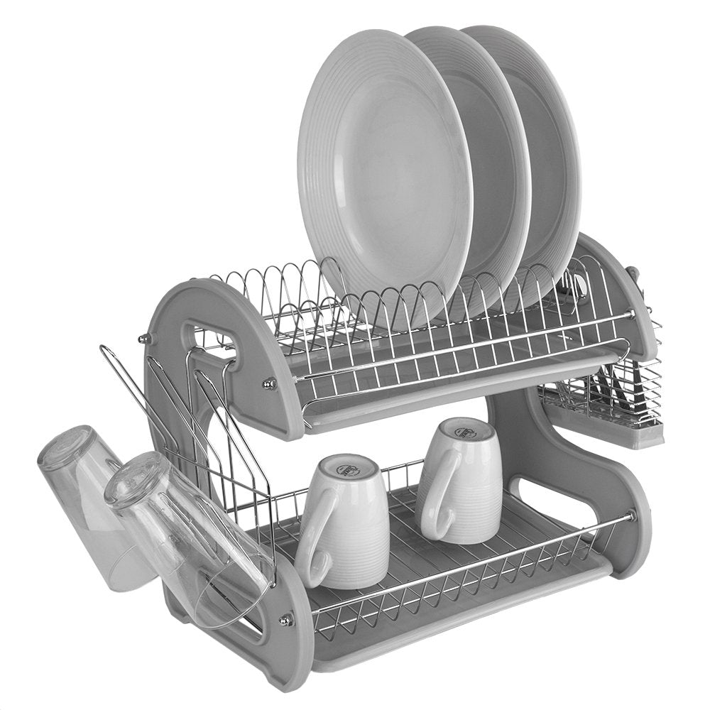 2 Tier Dish Drainer, by Home Basics (Grey) Dish Rack for Kitchen Counter, with Detachable Cutlery Holder and 6 Full Sized Glass or Cup Slots, Space-Saving Organizer