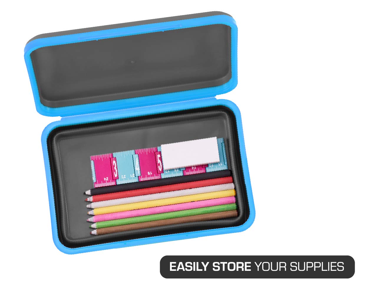 It's Academic Flexi Storage Box with Lid, Collapsible Pencil Case Design for Craft and School Supplies, Blue/Black