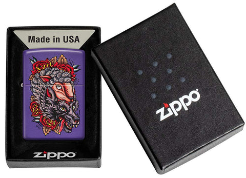 Zippo Wolf in Sheeps Clothing Tattoo Design Purple Matte Pocket Lighter