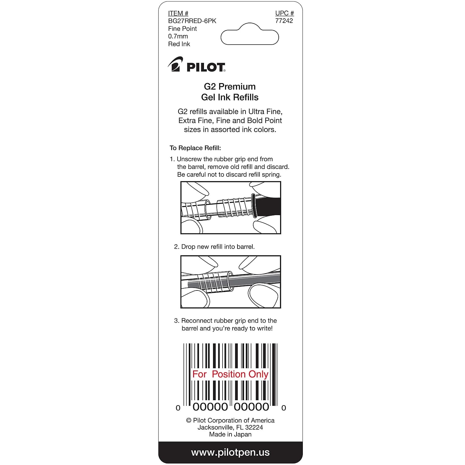 Pilot G2 Gel Ink Refills, Fine Point 0.7 mm, G2 Pen Refills, Red, Pack of 2
