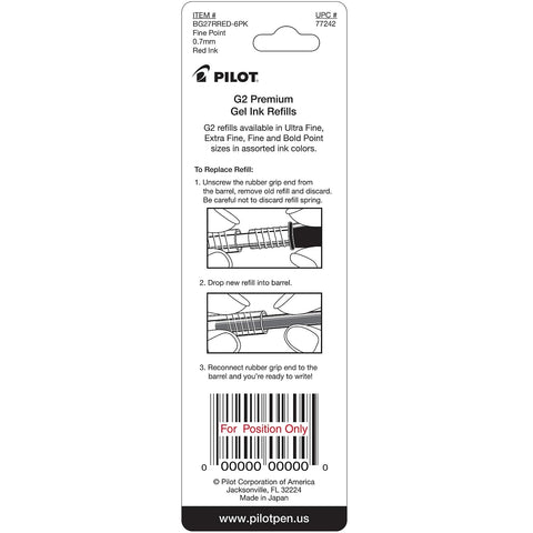 Pilot G2 Gel Ink Refills, Fine Point 0.7 mm, G2 Pen Refills, Red, Pack of 2
