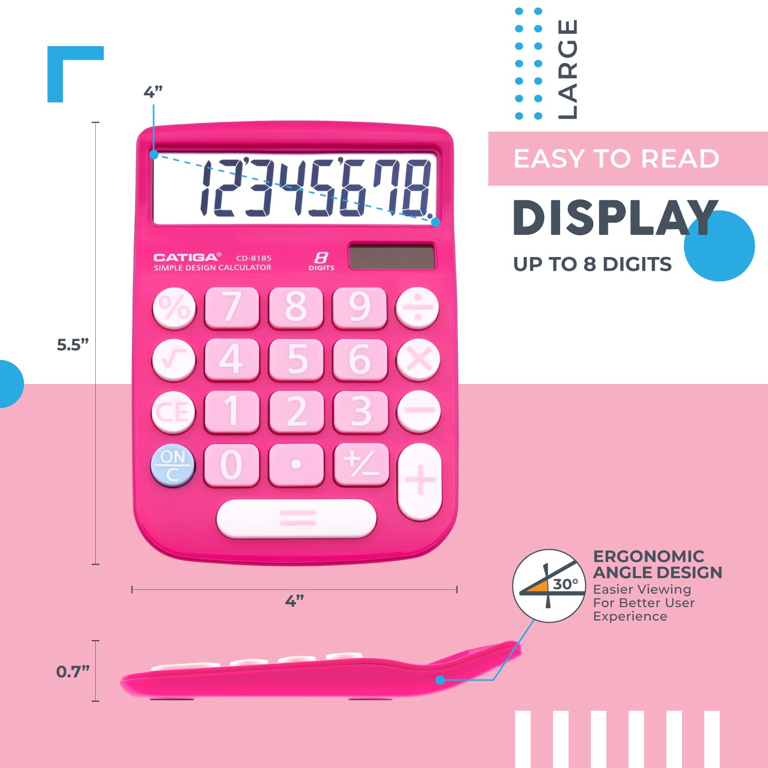 CATIGA Desktop Calculator 8 Digit with Solar Power and Easy to Read LCD Display, Big Buttons, for Home, Office, School, Class and Business, 4 Function Small Basic Calculators for Desk, CD-8185