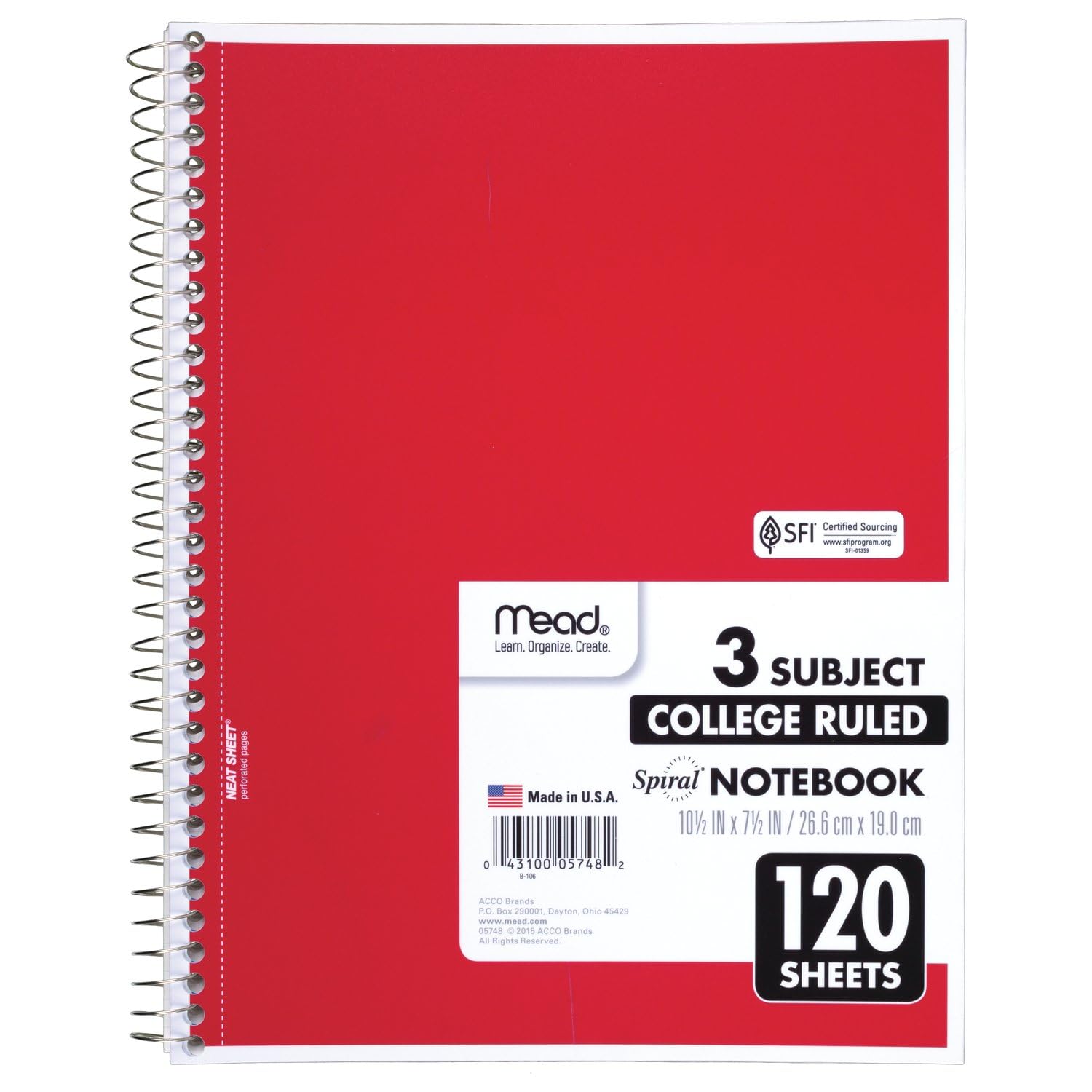 Mead Spiral Notebook, 3 Subject, College Ruled Paper, 120 Sheets, 10-1/2" x 8", Color Selected For You, 1 Count (05748)