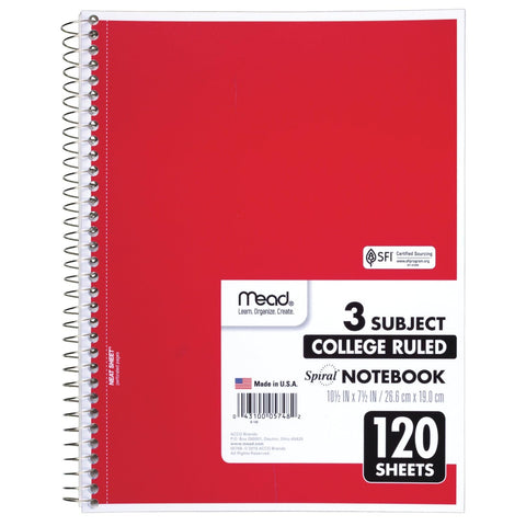 Mead Spiral Notebook, 3 Subject, College Ruled Paper, 120 Sheets, 10-1/2" x 8", Color Selected For You, 1 Count (05748)