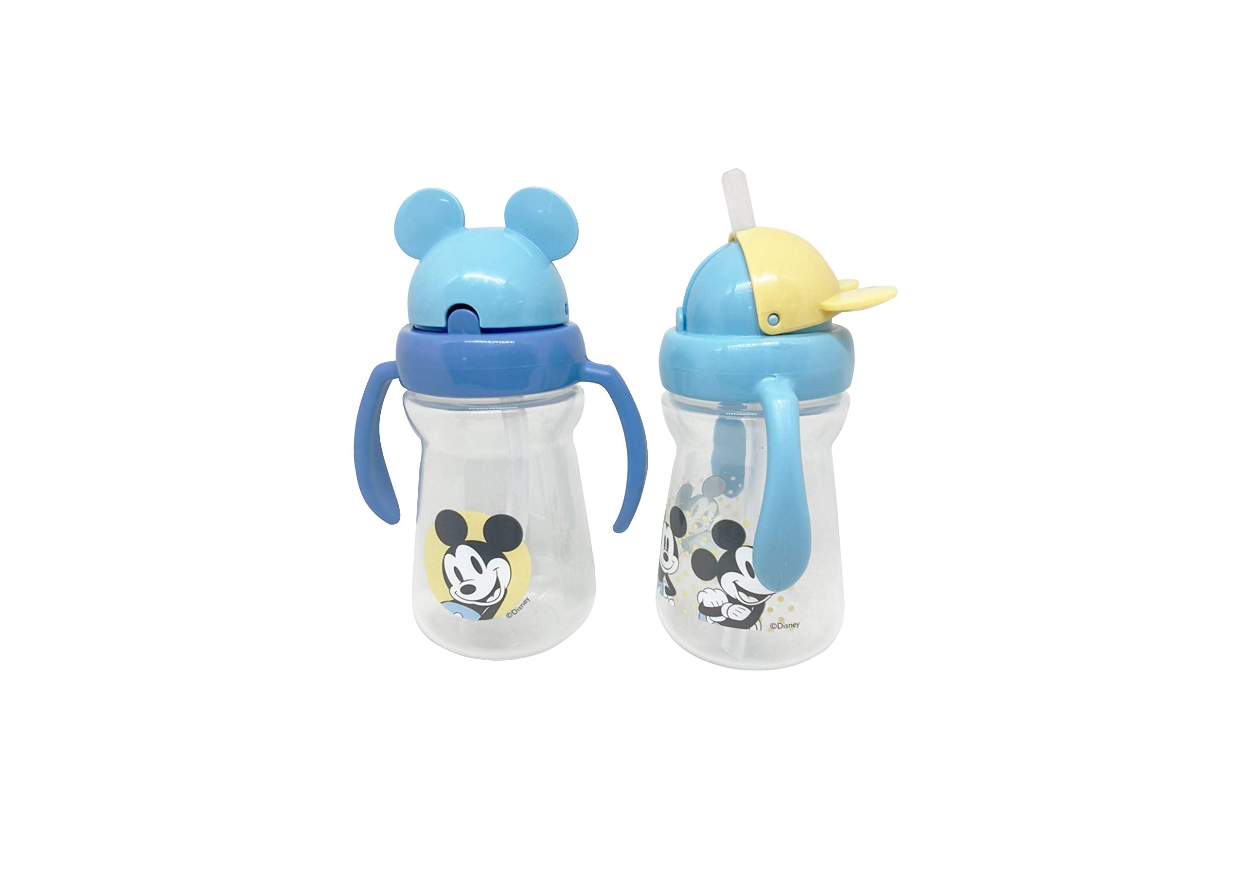 Disney Cudlie Mickey Mouse Baby Girl 2 Pack of 6 Oz Sippers Handles Pop Up Straw Character Molded Lid in Yellow & Blue