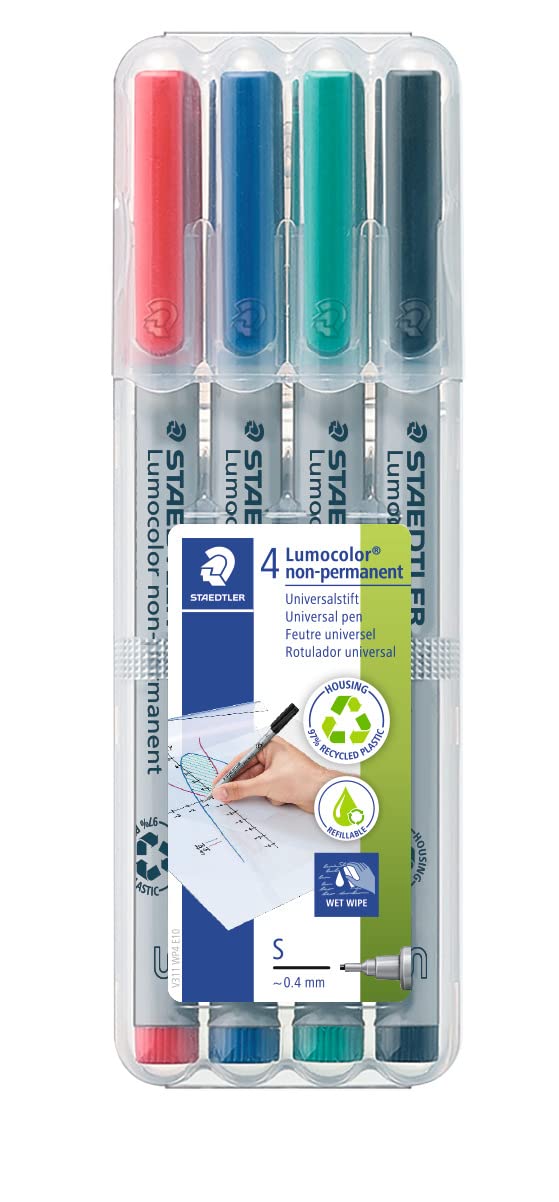 STAEDTLER Lumocolor Non-Permanent Universal Pen: Set of 4 Markers, Assorted Colors, Superfine Felt Tip 0.4mm - Multi Surface, Quick Dry & Water-Soluble Ink - For Home, School & Office