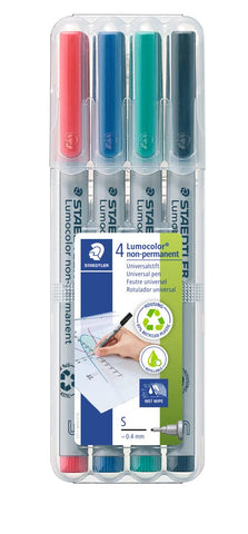 STAEDTLER Lumocolor Non-Permanent Universal Pen: Set of 4 Markers, Assorted Colors, Superfine Felt Tip 0.4mm - Multi Surface, Quick Dry & Water-Soluble Ink - For Home, School & Office