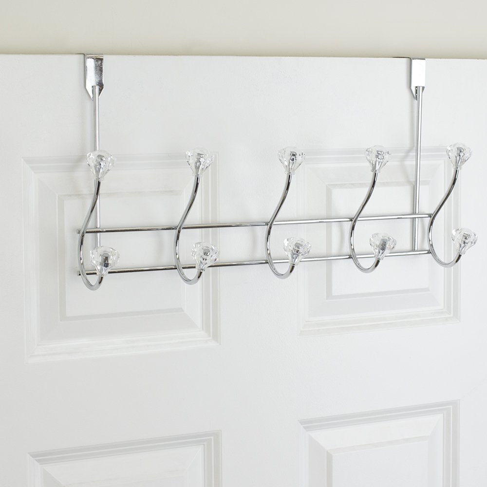 Home Basics 5 Hook Over the Door Hanging Rack with Crystal Knobs, Multipurpose for Hanging Clothes, Coats, Towels Robes, Chrome