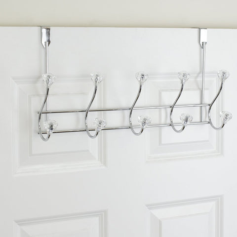 Home Basics 5 Hook Over the Door Hanging Rack with Crystal Knobs, Multipurpose for Hanging Clothes, Coats, Towels Robes, Chrome