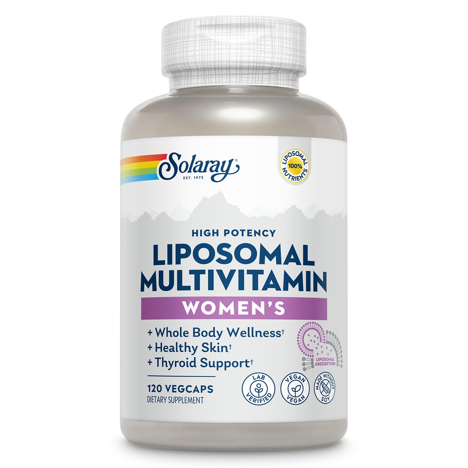 SOLARAY Liposomal Multivitamin for Women, Enhanced Absorption, High Potency w/Iron, Vitamin D, Vitamin C, B12, Biotin, CoQ10, Immune Support, Bone Health, Vegan, 60 Servings, 120 VegCaps