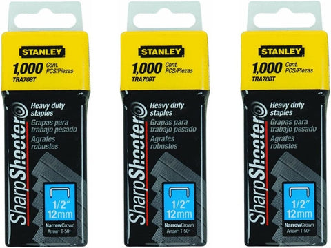Stanley TRA708T Sharpshooter 1,000 1/2" 12MM Steel Narrow Crown Staples T-50 (3 Pack)