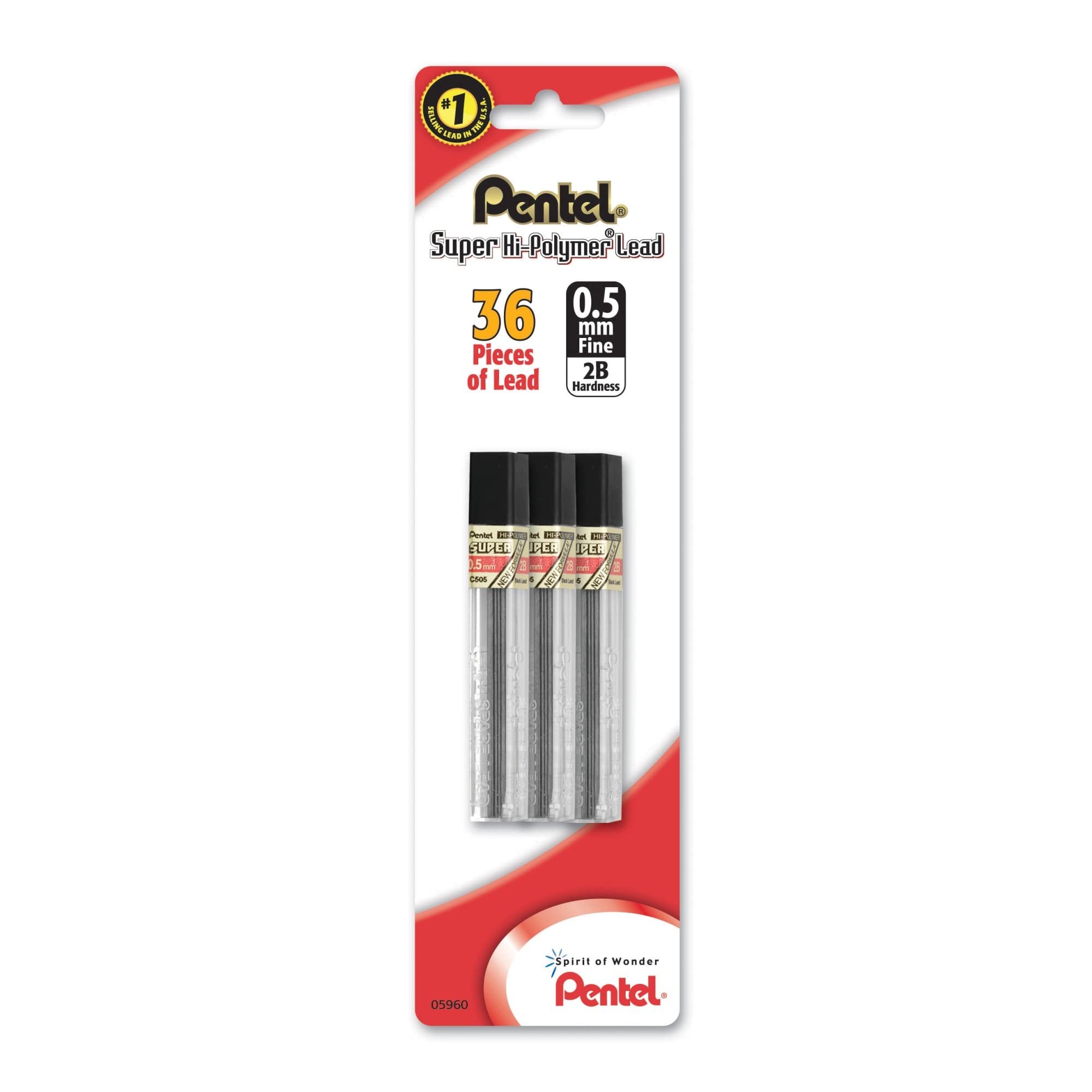 Pentel Super Hi-Polymer Lead Refill (0.5mm), Fine, 2B, 36 Pieces of Lead (C505BP32B-K6)