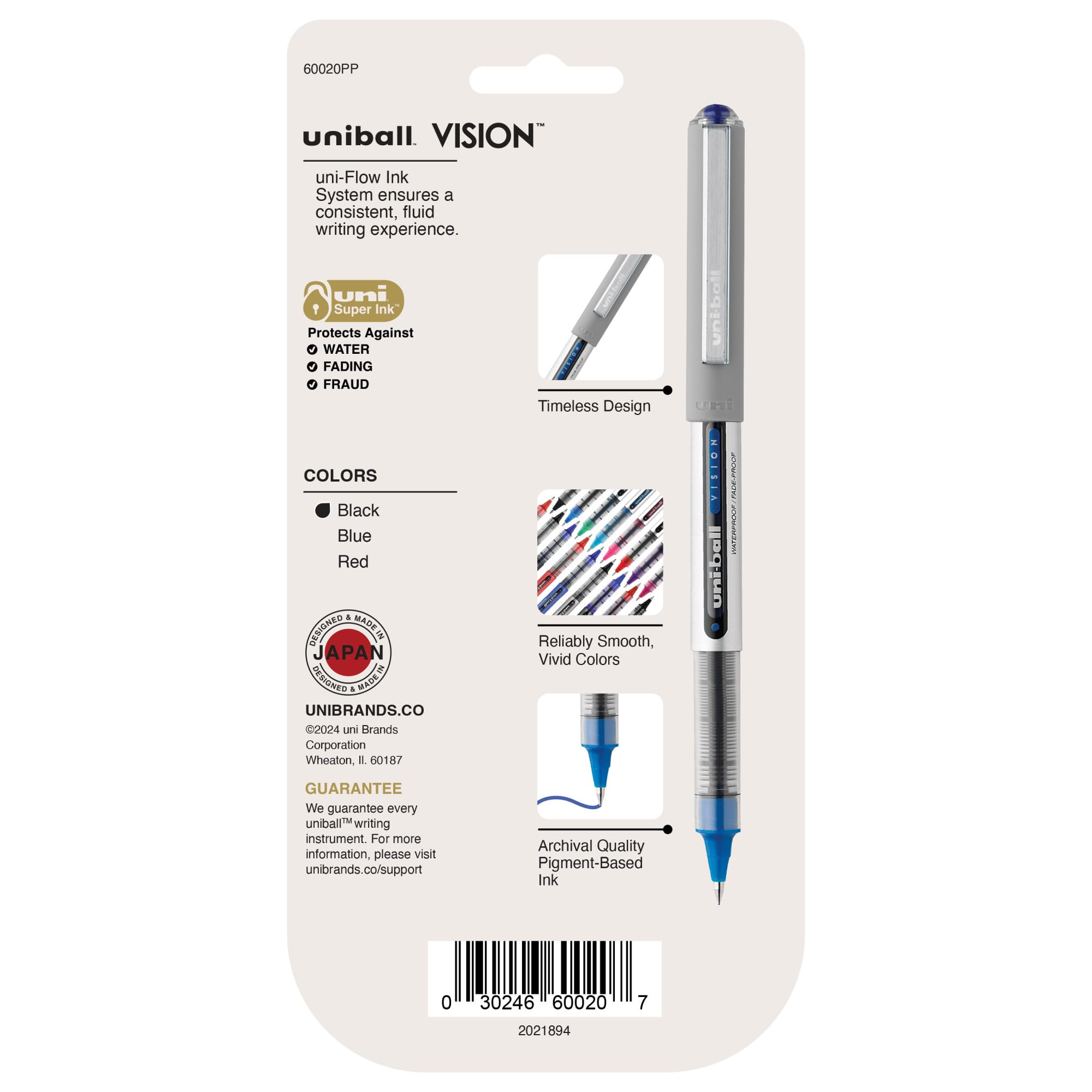 uniball™ Vision Rollerball Pens, Fine Point (0.7mm), Assorted Colors, 4 Pack