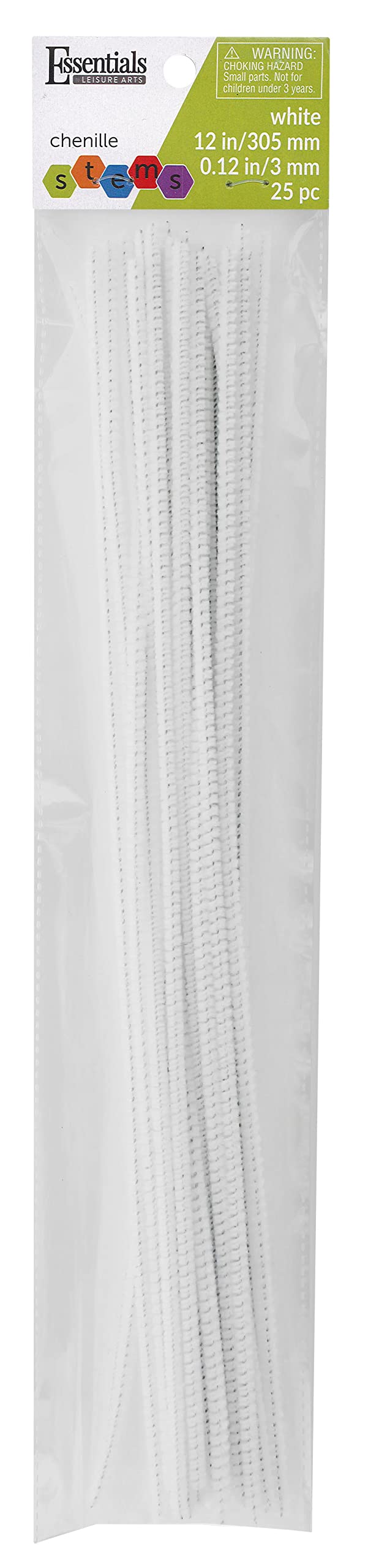 Essentials by Leisure Arts Chenille Stems 12 Inch White 25pc, 3mm Pipe Cleaners, Bendable Wire Stems, DIY Dolls Animals Ornaments, Kids Crafts, Jewelry Making, Craft Supplies