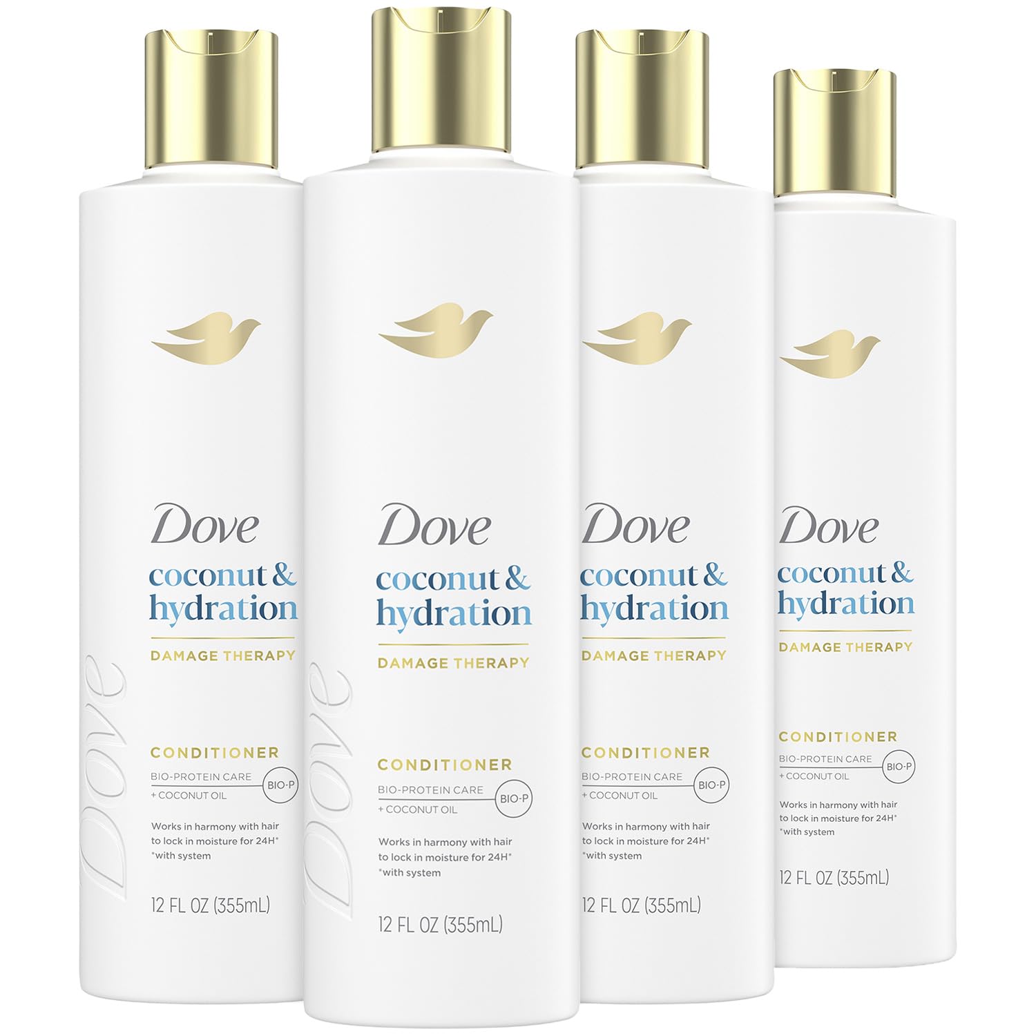 Dove Damage Therapy Conditioner 4-Pack, Coconut & Hydration, Deep 24H Hydration for Revitalizing Dry, Damaged Hair, 12 Oz Ea