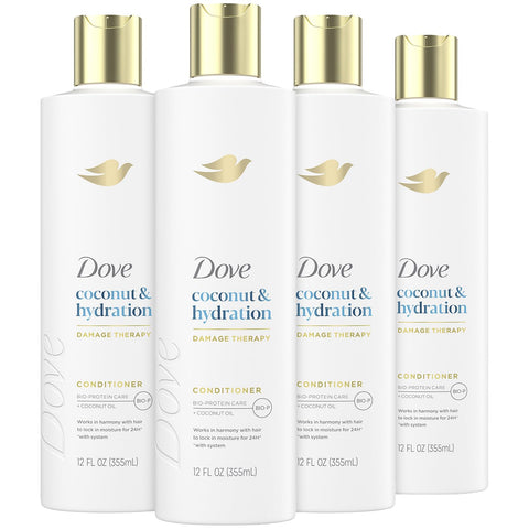 Dove Damage Therapy Conditioner 4-Pack, Coconut & Hydration, Deep 24H Hydration for Revitalizing Dry, Damaged Hair, 12 Oz Ea