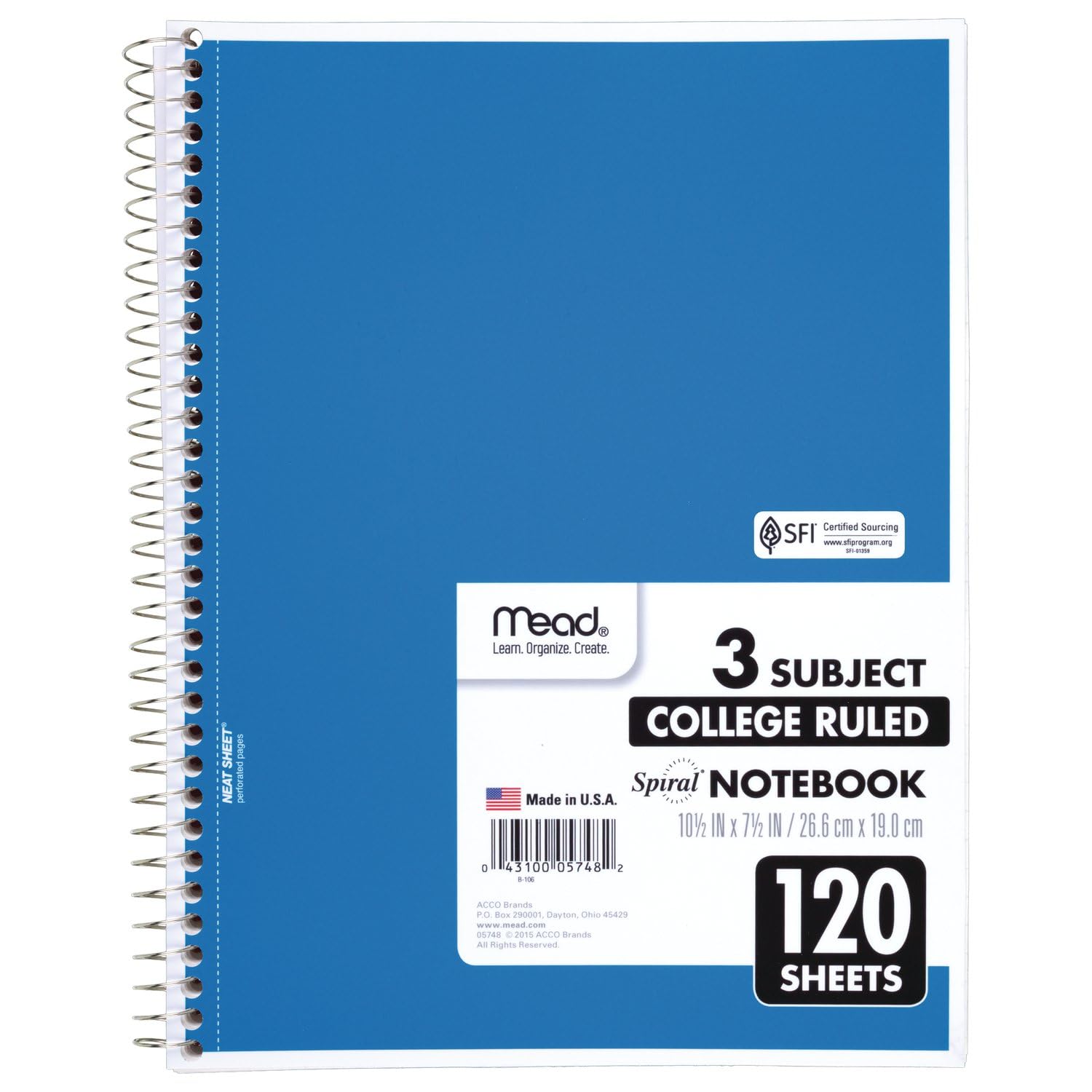 Mead Spiral Notebook, 3 Subject, College Ruled Paper, 120 Sheets, 10-1/2" x 8", Color Selected For You, 1 Count (05748)