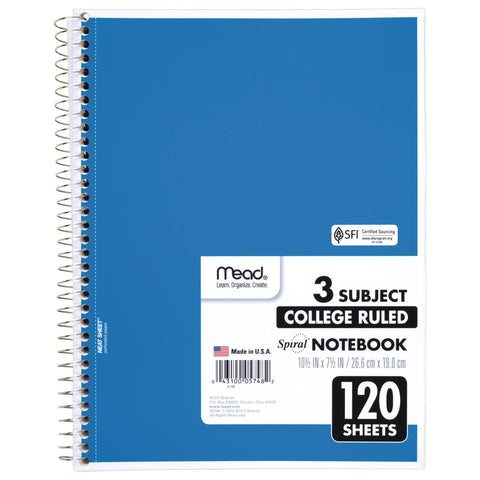 Mead Spiral Notebook, 3 Subject, College Ruled Paper, 120 Sheets, 10-1/2" x 8", Color Selected For You, 1 Count (05748)