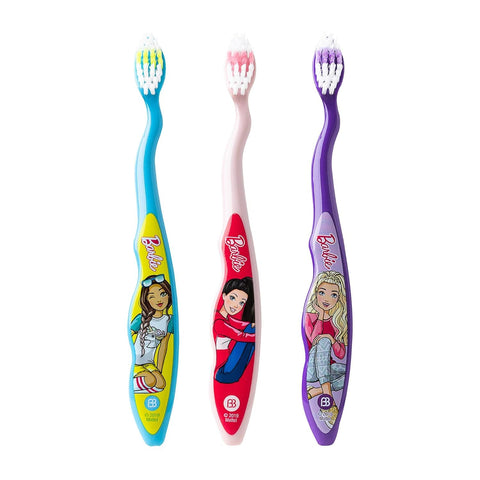 Brush Buddies Barbie Manual Toothbrushes for Kids 3 Pack Soft Bristled Children’s Toothbrushes with Fun Pink Multi Colored Designs Anti Slip Grip Handles Perfect for Toddlers Home Use or Travel