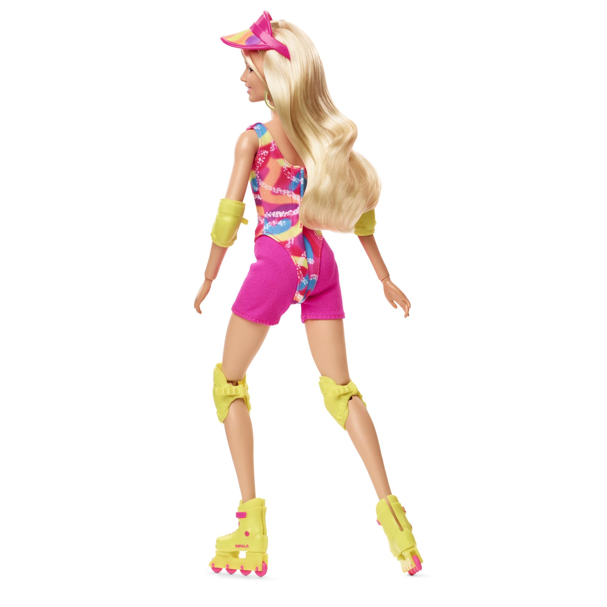 Barbie The Movie Margot Robbie - Skating Doll with Neon Outfit, Retro Gymnastics Suit, Pink Biker Shorts, Sun Shield, Neon Green Hoop Earrings, Skating Equipment, Impala Inline Skates, HRB04