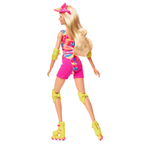 Barbie The Movie Margot Robbie - Skating Doll with Neon Outfit, Retro Gymnastics Suit, Pink Biker Shorts, Sun Shield, Neon Green Hoop Earrings, Skating Equipment, Impala Inline Skates, HRB04