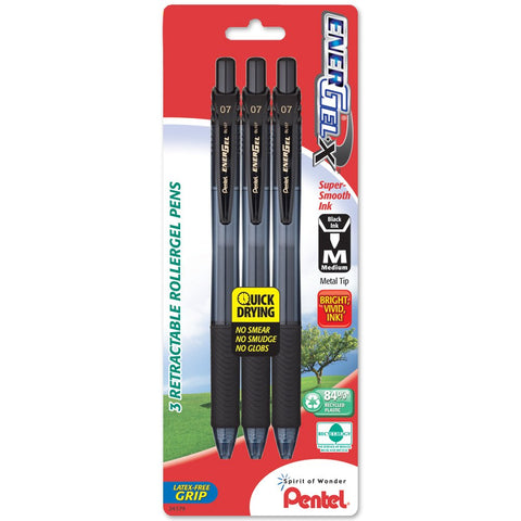 Pentel EnerGel-X Retractable Liquid Gel Pen, 0.7mm, Medium Line, Metal Tip, Black Ink, 3 Pack (BL107BP3A)