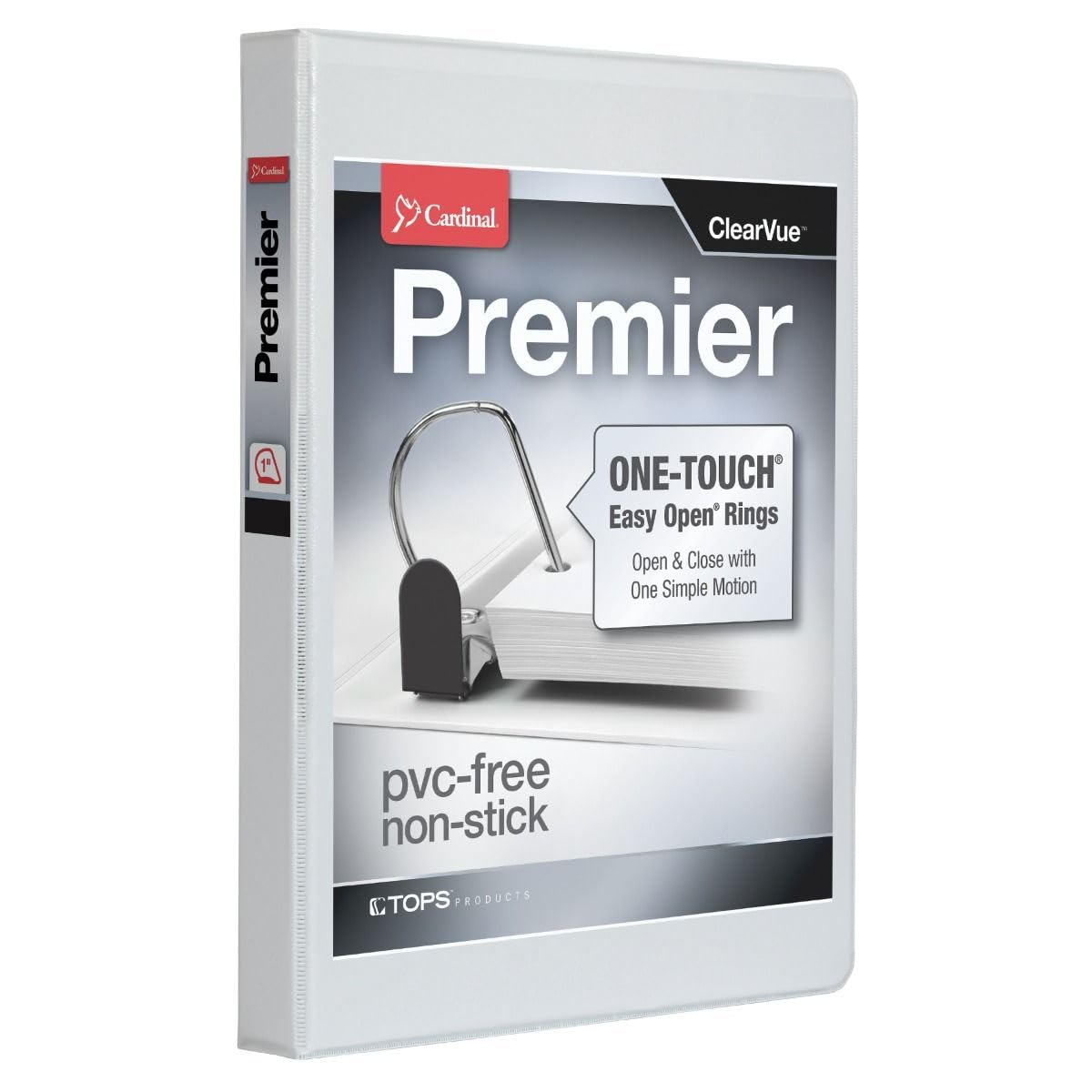 Cardinal 3 Ring Binder, 1 Inch Premier Easy Open Binder, ONE-Touch Locking Slant-D Rings, 250-Sheet Capacity, ClearVue Cover, PVC-Free, White (10300CB)